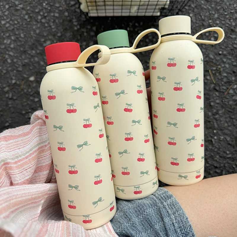 Kawaii Cherry Thermos Bottle With Handle Coffee Cup 500ml Stainless Steel Tumbler Cute Travel Gym Scool Water Bottle For Girl C251008