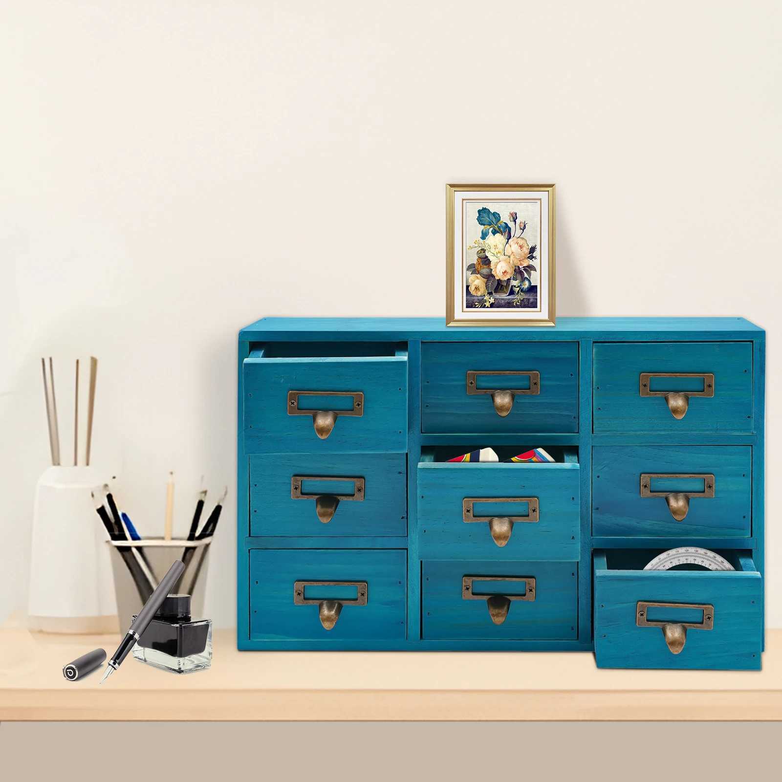 9Drawer Wooden Apothecary Cabinet Rustic Durable Blue Herb Storage Box Desk for CablesSpicesOffice Home C251008
