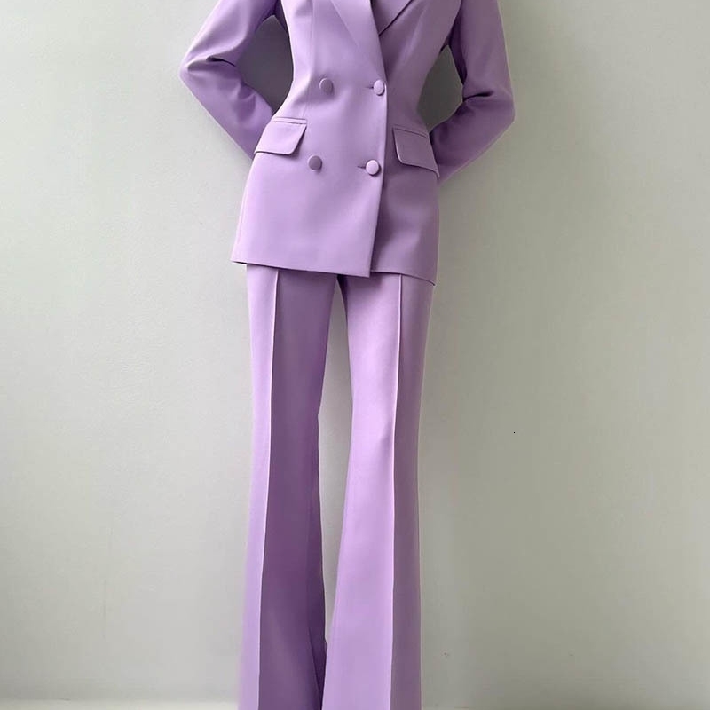 Purple Suits Set for Women 2 Piece Double Breasted Jacket with Wide leg Pants Business Formal Pantsuits Classic Style 250922