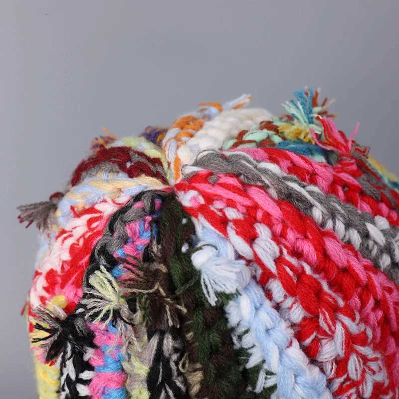 Handmade Heavy Industry Multistrand Twist Mixed Color Knitted Wool Hat Dopamine Color Womens Winter Warm Overhead Beanie CapXJ251008
