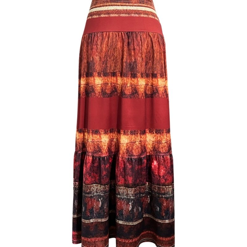 Women's Ethnic Style Flame Print Milk Silk Maxi Skirt Red Layered Ruffle Hem Vacation Skirt with Multi-color Pattern-CF56061