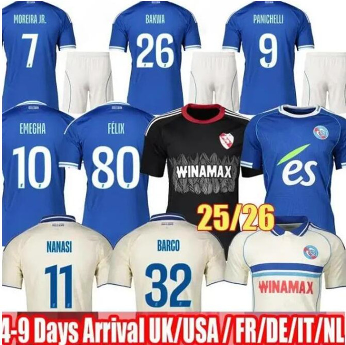 RC Strasbourg Alsace EMEGHA soccer jerseys 25 26 BAKWA FELIX LUKOVIC maillot de foot 2025 2026 MOREIRA JR SAHI DION DIARRA SYLLA shirt Men Kids Kit
