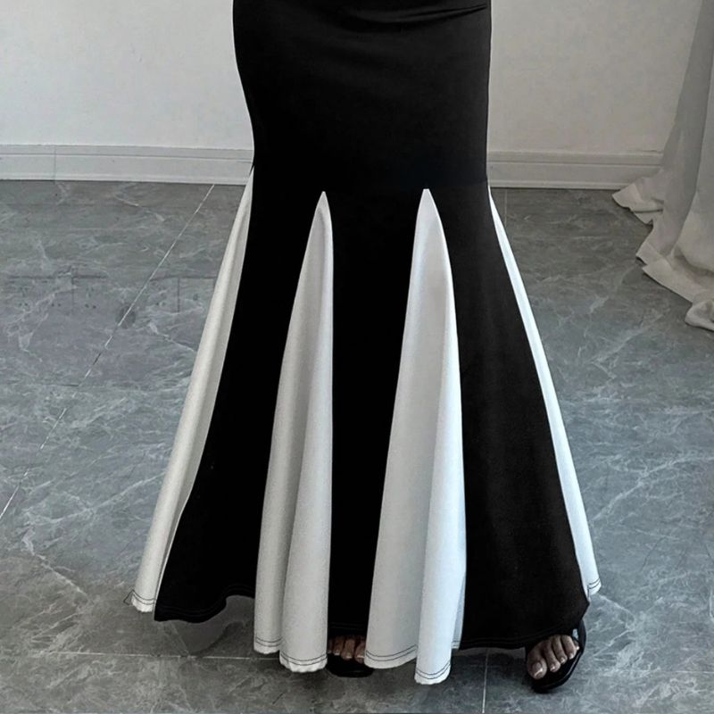 Women's Black White Mermaid Skirt Milk Silk High Waist Fish Tail Maxi Skirt Elegant Office Daily Wear-SZ25140
