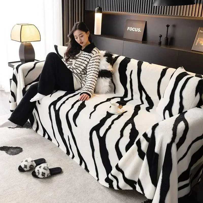 Light Luxury Rabbit Plush Sofa Cover Cloth Thick Anti Slip L Sofa Towel Leopard Print Backrest Autumn Winter Couch Mat Blanket Y251008