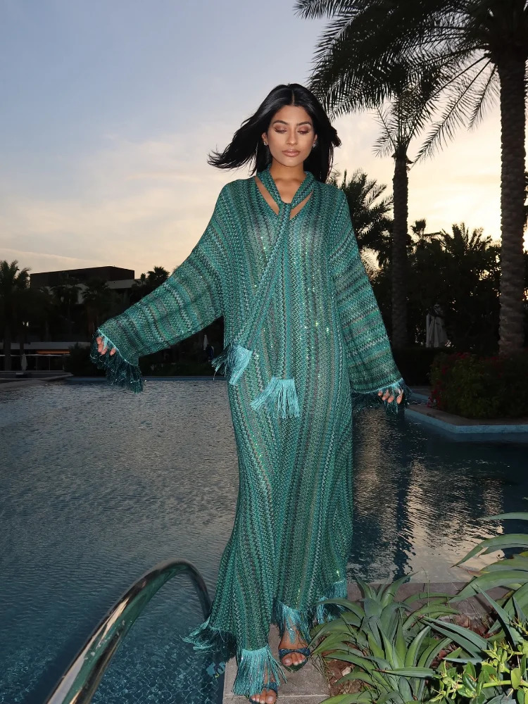 Stripe Loose Women Dresses Tassel With Scarf V neck Female Maxi Dress Summer Fashion Party Full Sleeve Lady Green Vestidos 2501008