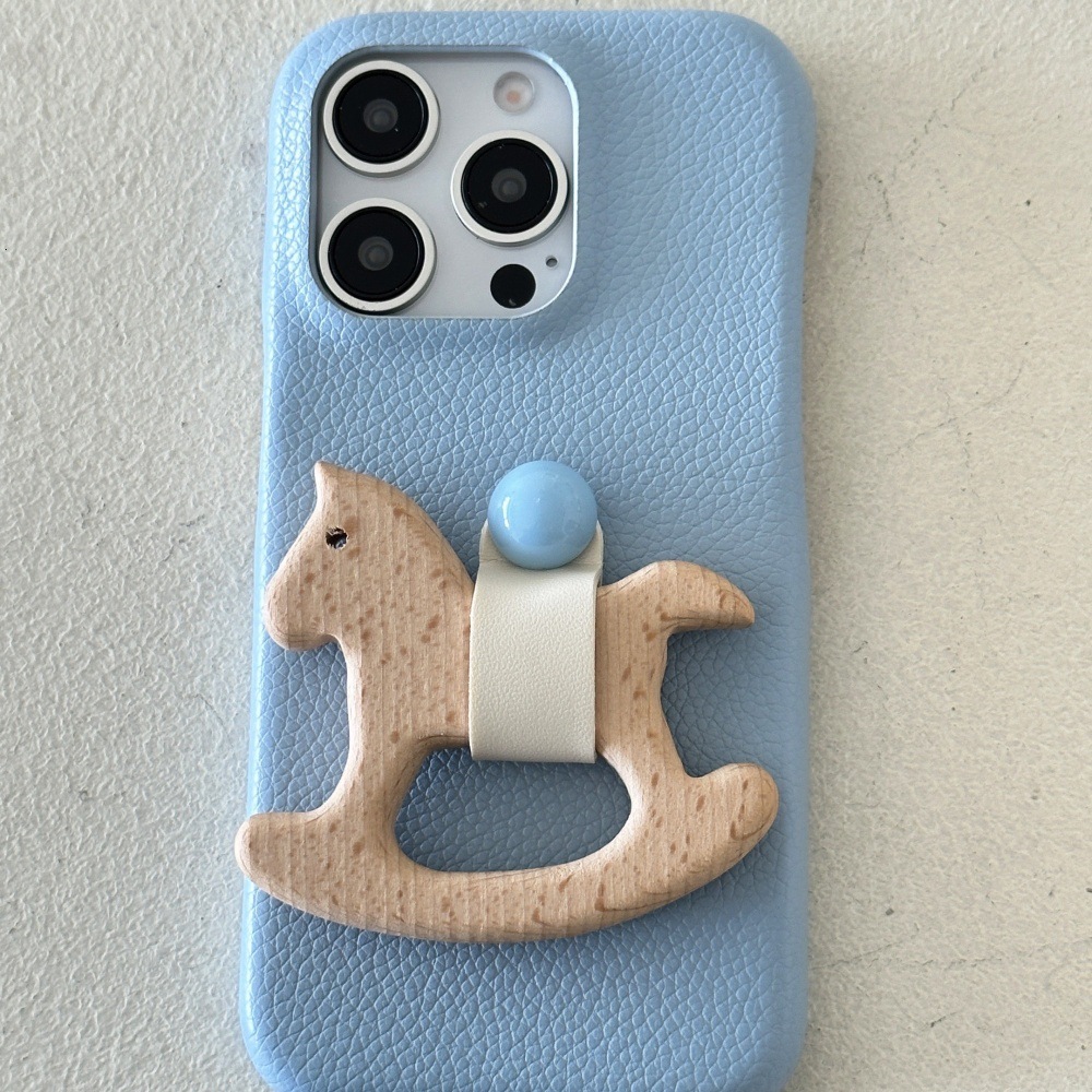 Work for iPhone 16 Pro Max Cover Protective Anti Slip Dopamine Cortex Wooden Horse Stand Phone Case Grip Cute Design Leather Touch Shockproof Case for