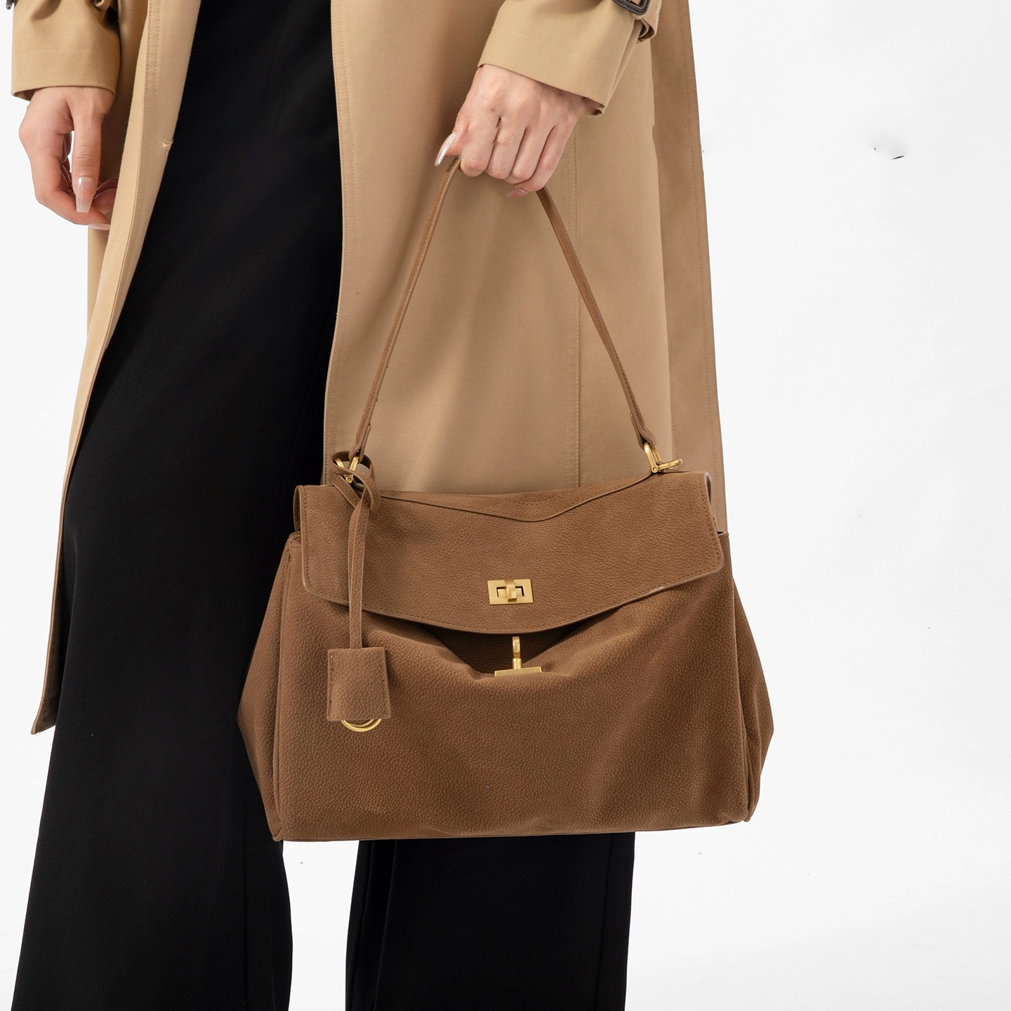 Suede Genuine Leather Kelly Bag Underarm Bag Womens Highend Niche Secondhand Handbag Large Capacity Tote Bag 250903