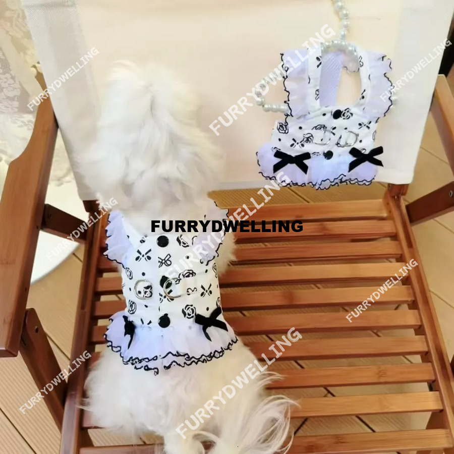 Fashion Harness With Dwe74 Leash D-Ring For Small Dogs Floral Bow Tie Girl Puppy Dress Breathable Cute Princess Dog Dresses Spring Summer Pet Clothes M D87