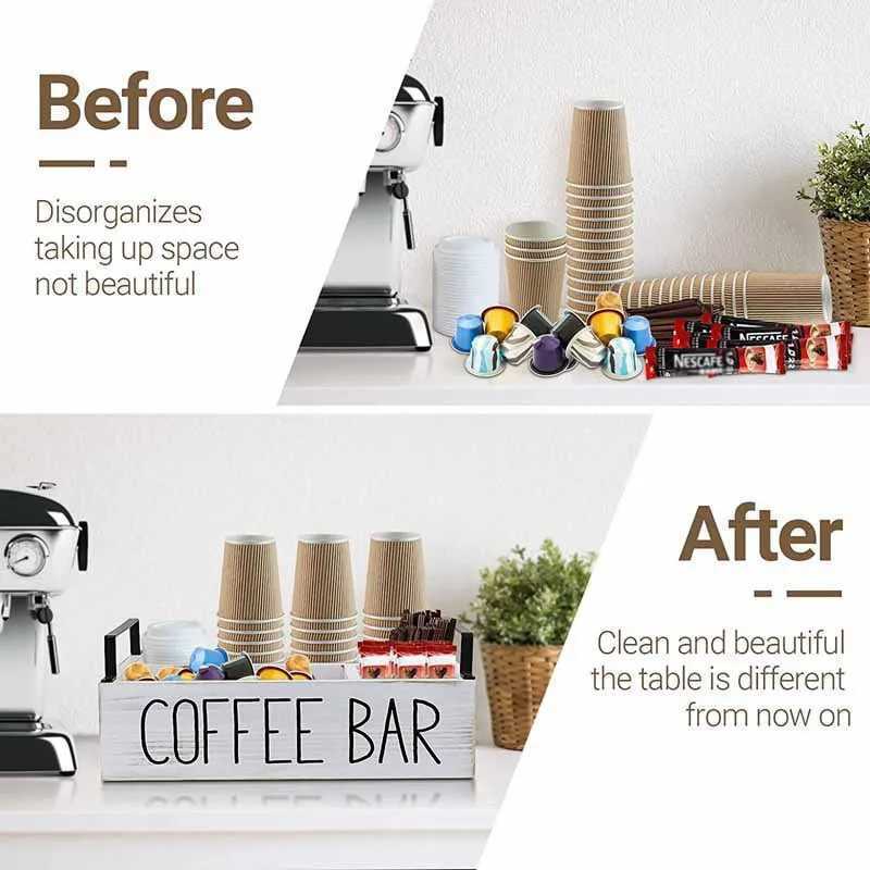 Wooden Storage Box Multi Compartment Organizer for Coffee Tea Bags Paper Cups Countertop Desktop Kitchen Storage Tidy Box C251008