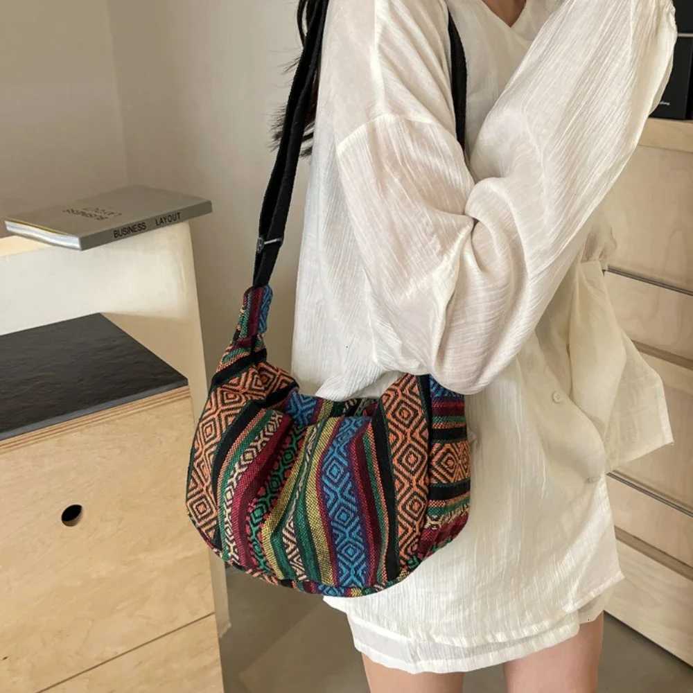 Tribal Style Shoulder Bag Foldable Crossbody with Zipper Closure Striped Pattern Flag Theme Hand Washable Edge Painted LiningT251007