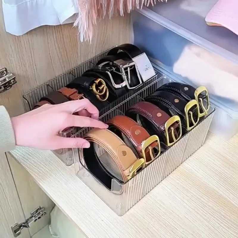 Belt Storage Box Household Compartment Organizer Tie Display Rack Transparent Desktop Storage Case for Mens Belt and Accessories C251008