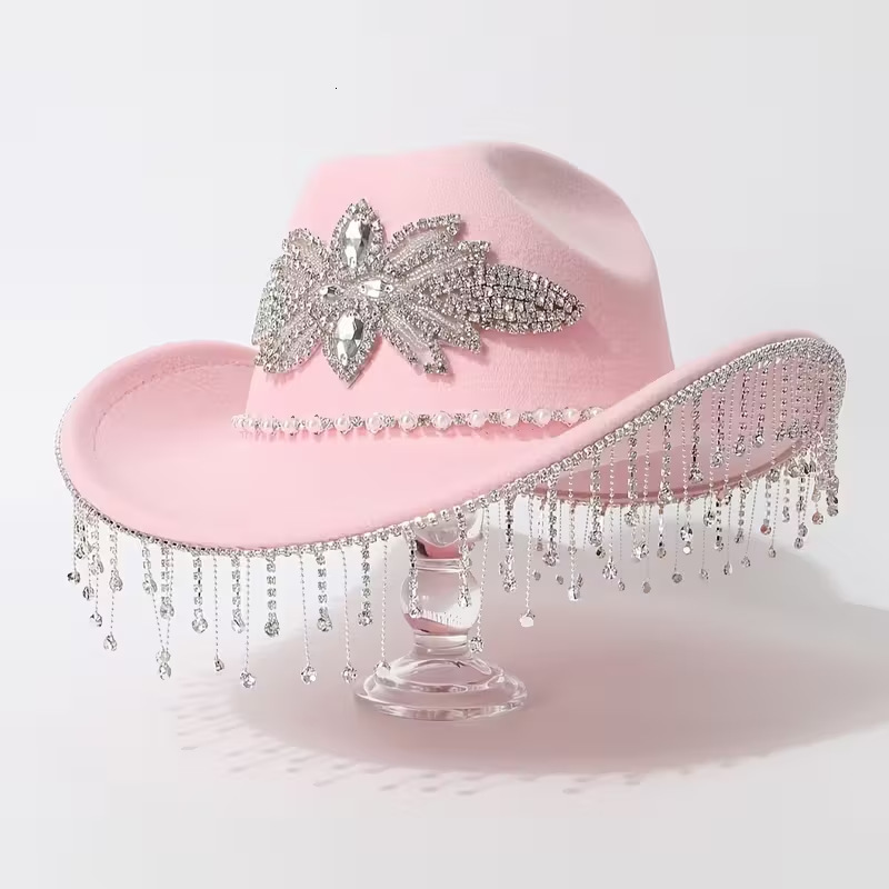 Rhinestone Tassel Wool Western Cowboy Hat Large Head Circumference Hat Autumn Winter Women Elegant Jazz Fedora Wide Brim 250326
