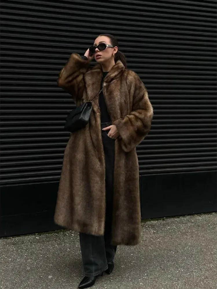Fashion Mixed Color Lapel Faux Fur Overcoat Woman Elegant Full Sleeve Loose Long Coat Winter Lady Warm High Street Outwear 2501008