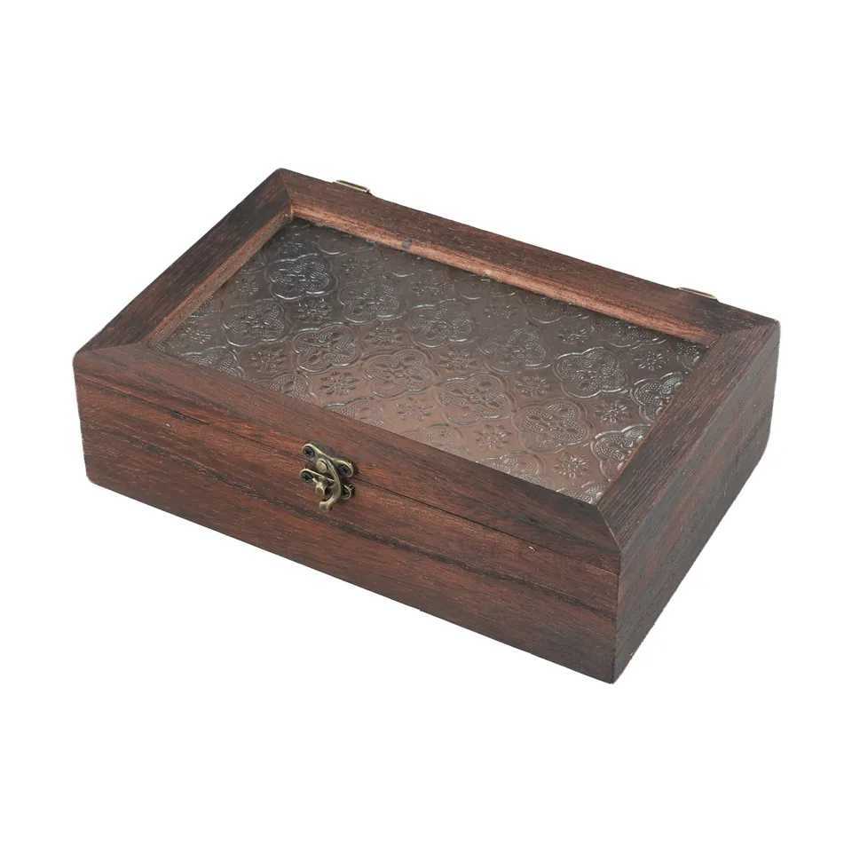 Rectangular Wooden Storage Box Nordic Retro Solid Wood Begonia Flower Glass Desktop Storage Decorative Box Hinged Storage Boxes C251008