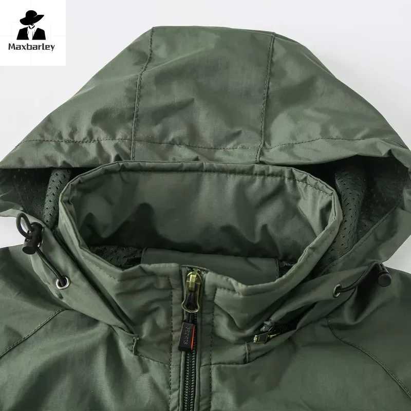 Spring Waterproof Jacket Mens Urban Climbing Zipper Hooded Windbreaker Outdoor Work Clothes Loose Hiking Camping Cargo Jacket J251008