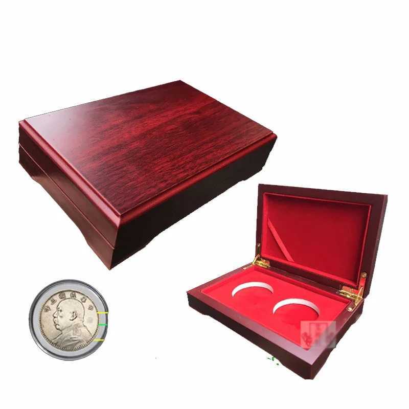 Red Wood Style 2 Coins Display Box Case for Slab Certified Coins Storage Boxes Jewelry Box Home Storage Organization C251008