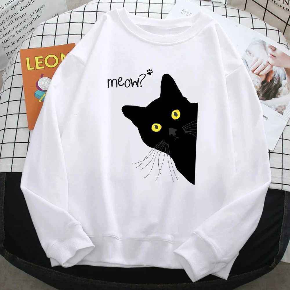 Winter Fall Harajuku Woman Sweatshirt Meow Black Cat Printing Hoodies Comfortable Pullover Crewneck Casual Female ClothesT251105