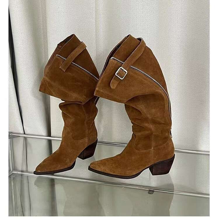 High Wide Calf Long for Women 2024 Autumn Winter New Pointed Toe Spicy Girl Western Cowboy Chunky Heel Riding Boots c6