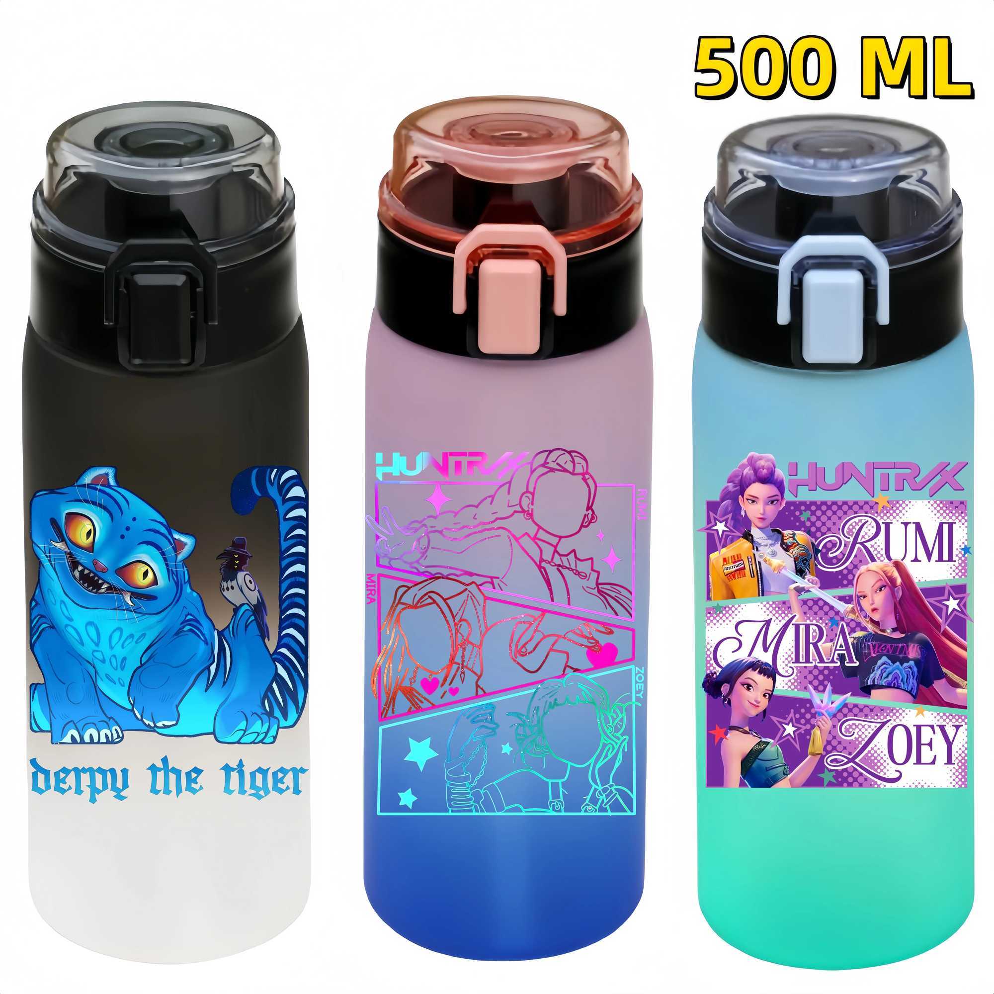 500ML K Pop Demon Hunters Water Bottle Girls Summer Sports Large Capacity Water Bottle Cartoon Figure Printed Plastic Bottles C251008