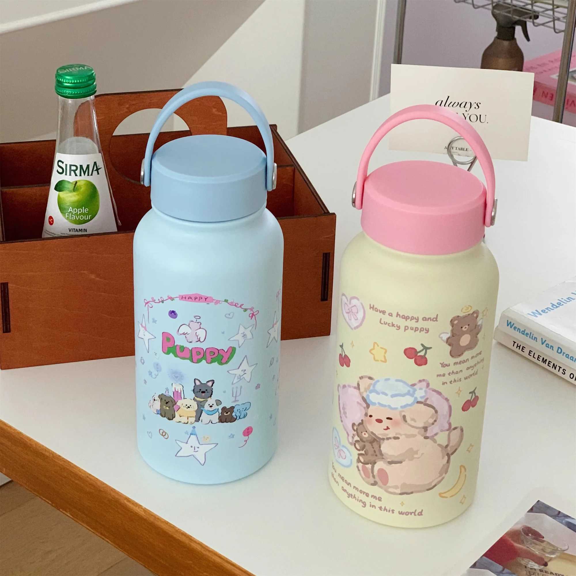 900ml Thermos Coffee Bottle Insulated Stainless Steel Water Bottle with Carry Handle Cute Dog Design Leakproof Wide Mouth Cup C251008