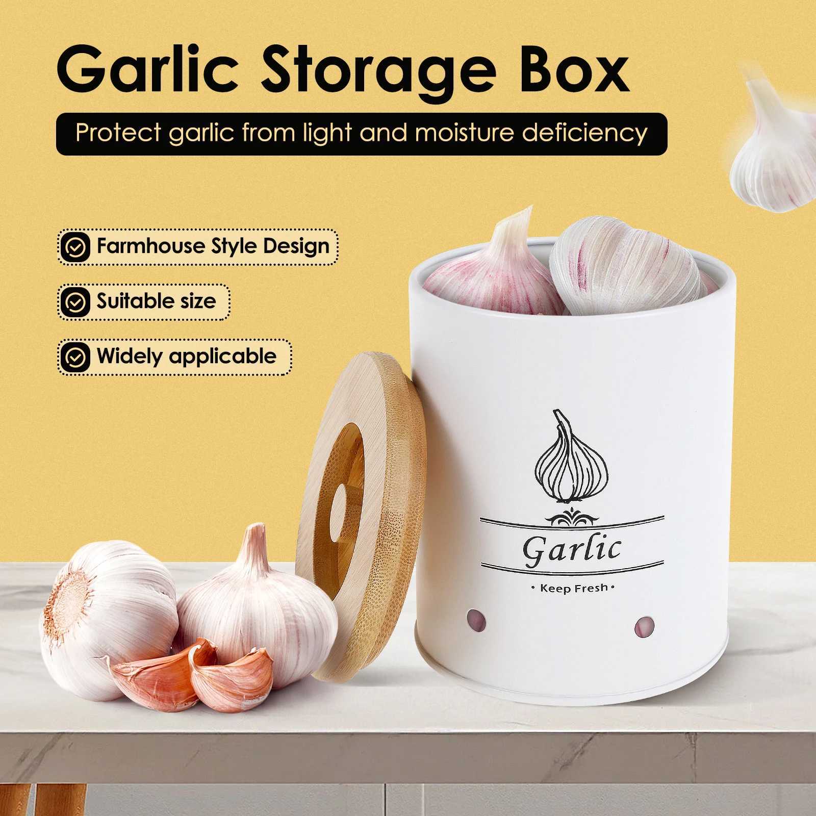 Garlic Keeper Storage Jar Versatile Onion Potato Garlic Storage Box with Wood Lid Food Containers with Aerating Holes for Home C251008