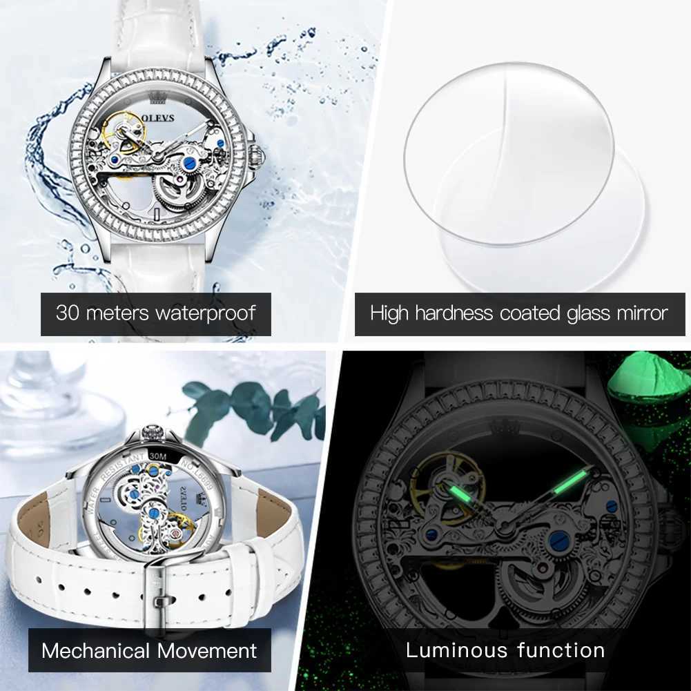 OLEVS Brand New Fashion Skeleton Mechanical Watch for Women Leather Strap Waterproof Transparent Womens Watches Relogio Feminino W250903