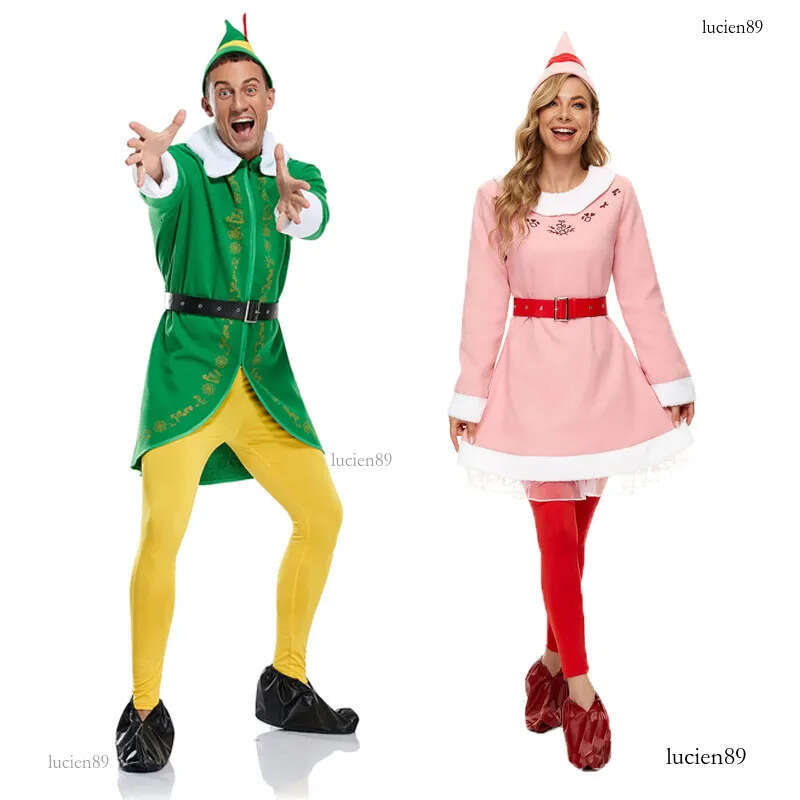 Wholesale Mascotte Costume Adult Size Elf Couple Christmas Santa Outfits Mens Elf Buddy the Elf Xmas Costume