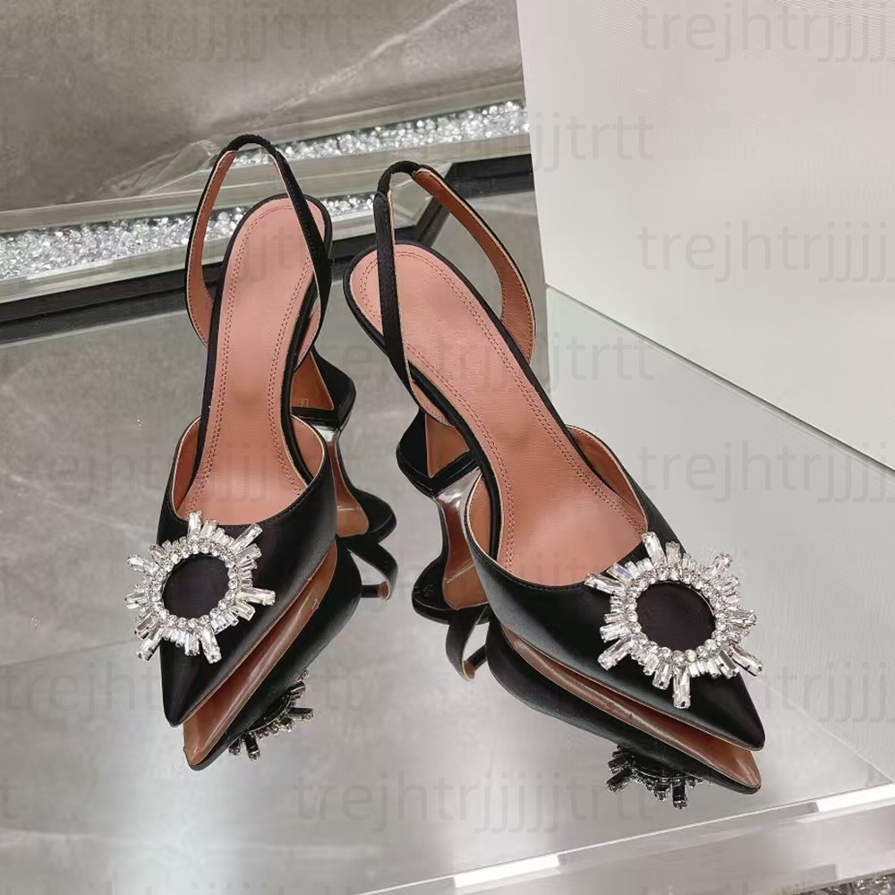 High Quality silk Satin pointed slingbacks Sandals Bowtie pumps Crystal-sunflower High Heels Dress Shoes Women's Luxury Designer Party Evening shoes