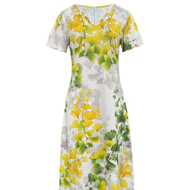 Women's Ginkgo Leaf Print V-Neck Short Sleeve Dress Milk Silk Midi Dress Mother Vacation Style Apricot Color-CF52715