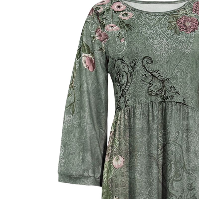 Women's Floral Print Milk Silk Mid-Sleeve Dress Army Green Loose A-Line Maxi Dress Spring Summer Vacation Outfit-CF56032