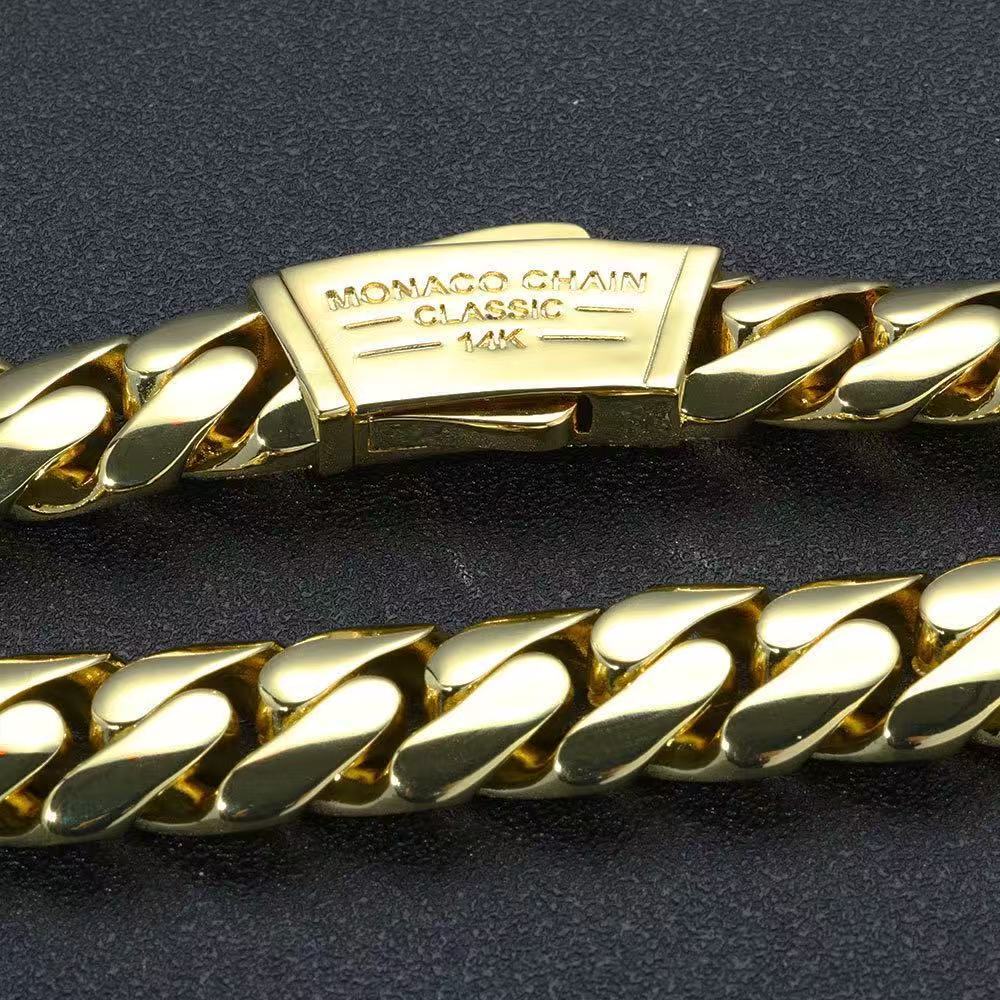 High Quality 14K Monaco Chain 925 Silver Cuban Link Necklace Iced Out VVS Moissanite Clasp Smooth Cuban Chain Jewelry