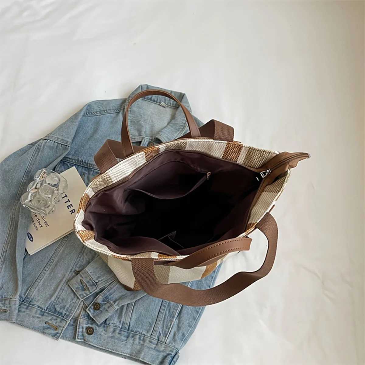 Largecapacity colorblocked womens commuter bag multifunctional fashionable striped casual canvas handheld shoulder bagT251007