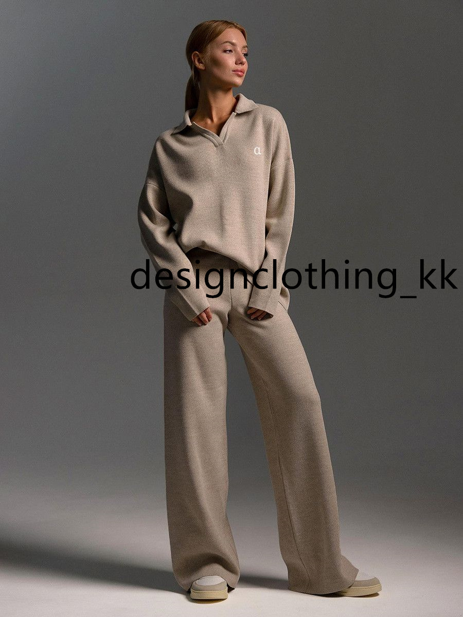 Women Tracksuit Cross border Knitted Set European and American Autumn Winter Sweater Set Collar Knitted Half Zip Hoodie Wide Leg Pants Two Piece Pants Set