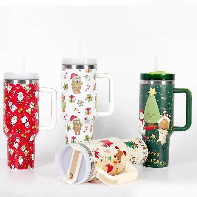 40oz Stainless Steel Thermos Bottles with Straw Christmas Series Insulated Water Bottle Keep Heat Cold Drink Mugs Cup Xmas Gift C251008