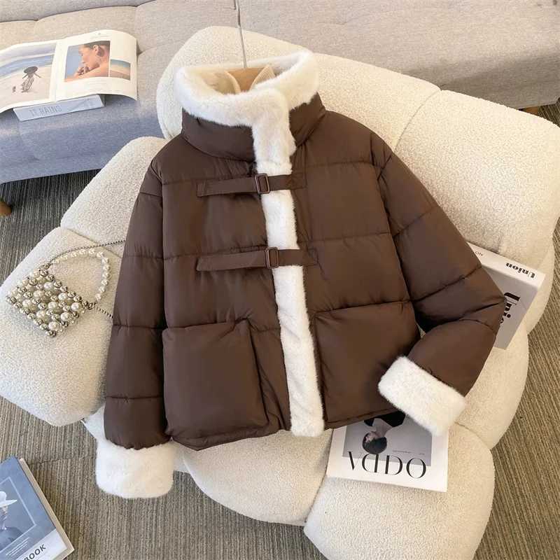 Women Parkas Cuff Splicing Lamb Wool Stand Collar Warm Cotton Coat Female Winter Coat Thicke Bread Cotton Padded Coat OuterweaT251105