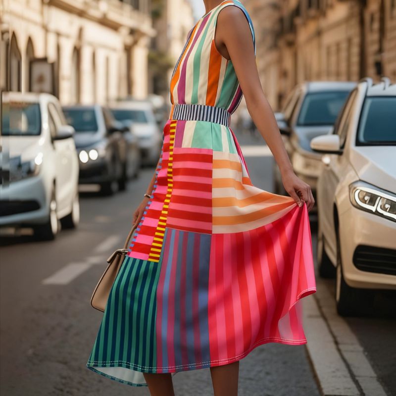 New Spring and summer fashion vacation style sleeveless vest dress with colorful striped prints, loose milk silk long dress for women, starting from o