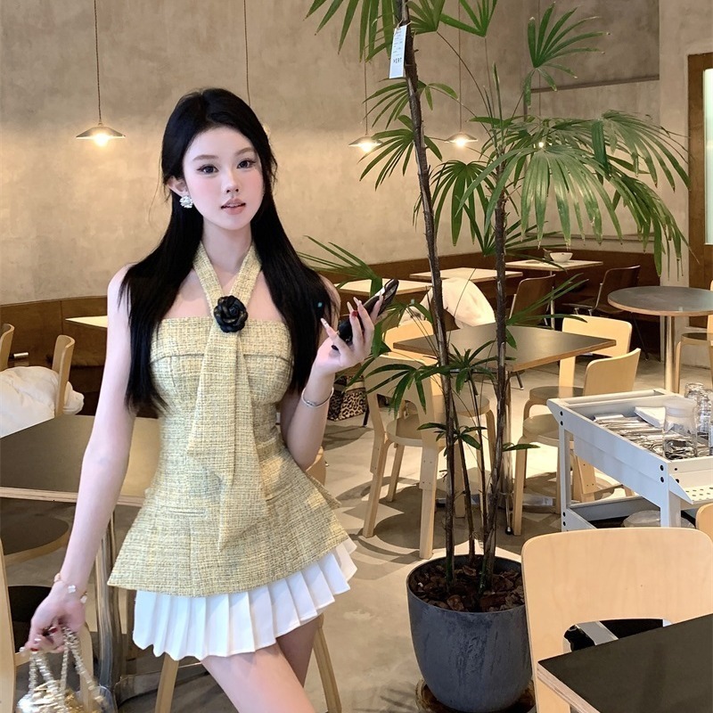 PREPOMP Summer Arrival Sleeveless Strapless Petal Applique Necktie Halter Yellow Tweed Short Mini Dress Women GP584 240625
