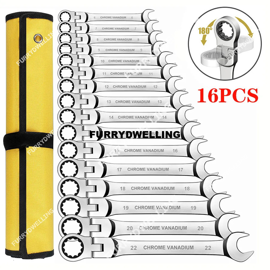 Dwe74 Combination Wrench Set, 6-23Mm Metric Flex Head Ratcheting Wrench, Chrome Vanadium Steel Spanner With Bag