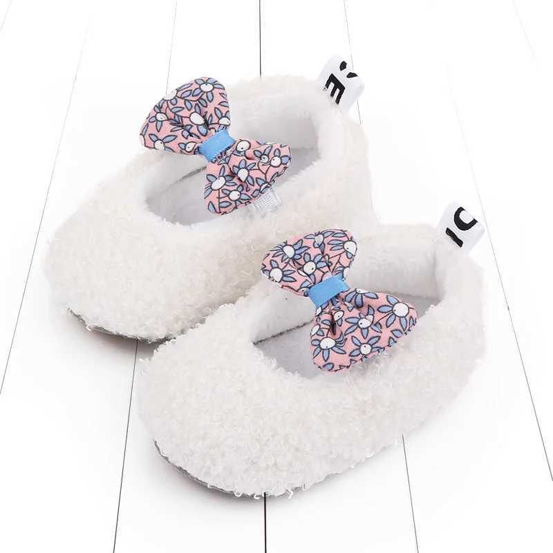 2025 Winter and Autumn Baby Cute First Walking Shoes Bowknot Baby Girls TPR Sole Antislip Soft Coral Velvet Cotton Baby C251008