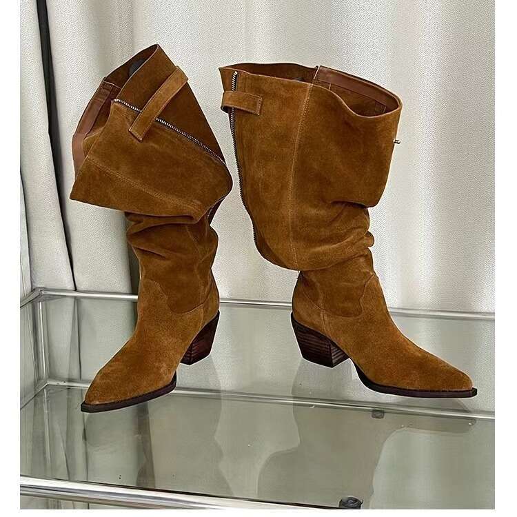 High Wide Calf Long for Women 2024 Autumn Winter New Pointed Toe Spicy Girl Western Cowboy Chunky Heel Riding Boots c6