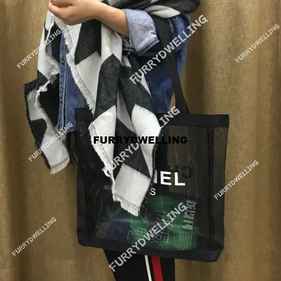 Designer Black Dwe74 Mesh Women Fashion Shopping White Offset Printed Letter Transparent Shoulder Portable Environmental Bag