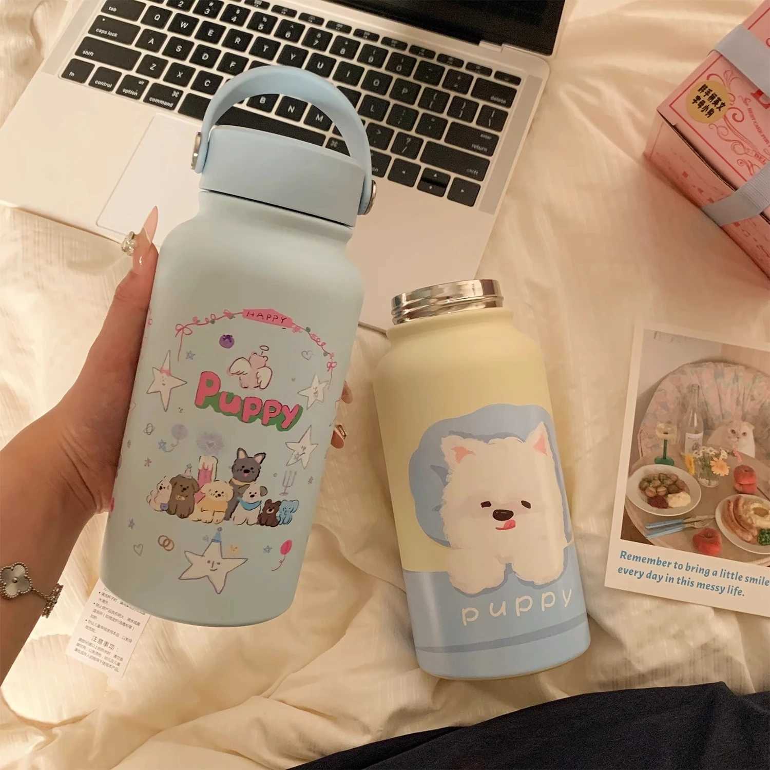 900ml Thermos Coffee Bottle Insulated Stainless Steel Water Bottle with Carry Handle Cute Dog Design Leakproof Wide Mouth Cup C251008