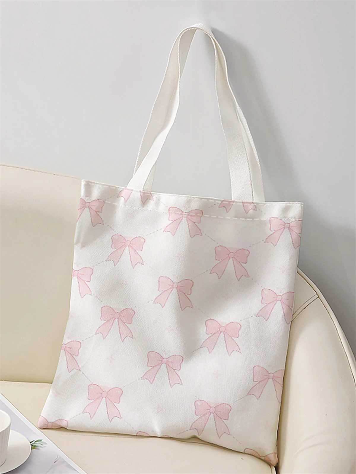 Bow pattern printed casual handbag reusable fashionable backpack multifunctional handbag canvas shopping bagT251007