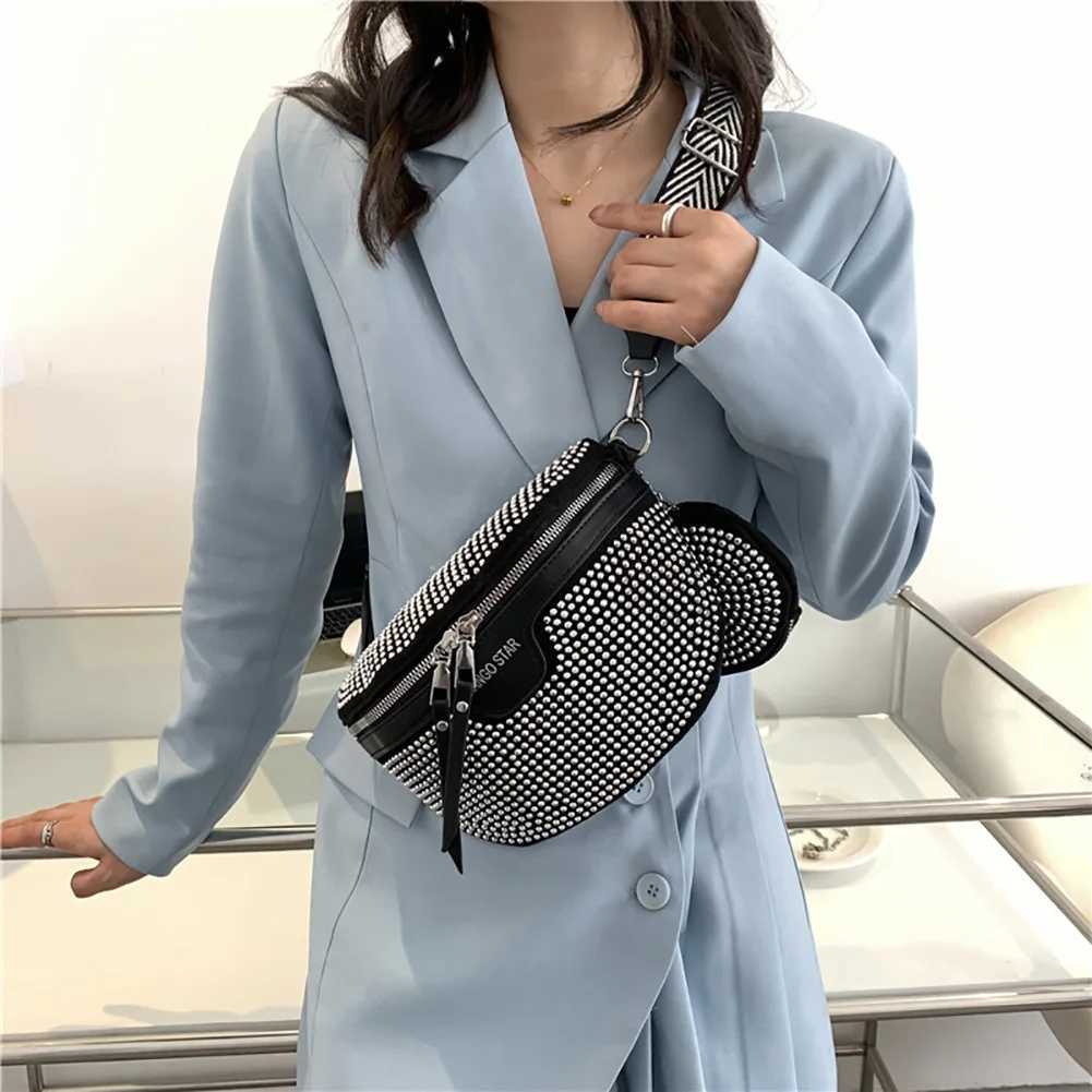 Rhinestone Shoulder Bag Fashion Female Sling Waist Pack Casual Adjustable Strap Simple Portable Black Chest Bag for VacationT251007