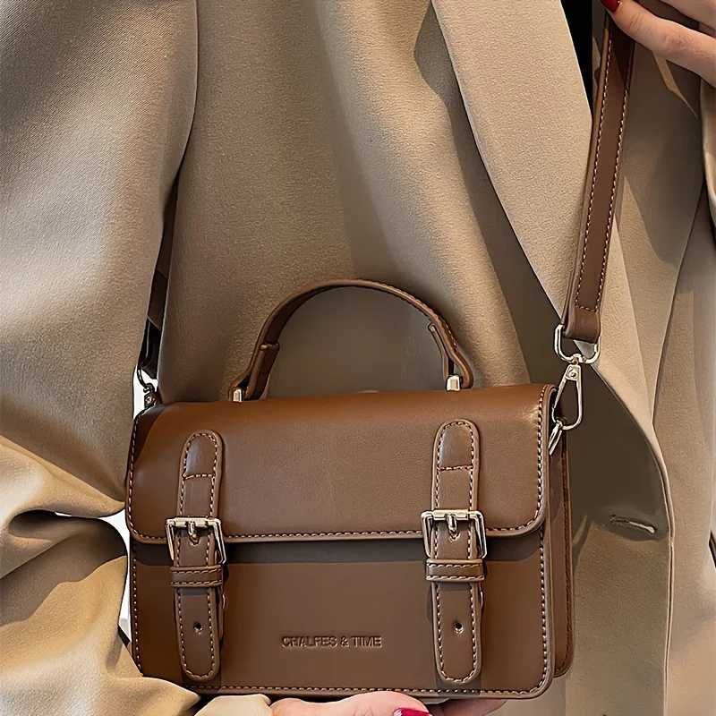 Stylish solidcolor shoulder square bag buckletrimmed flip messenger bag brown wallet homecoming seasonT251007