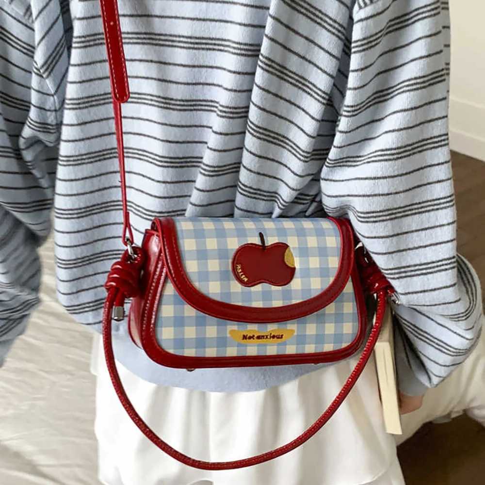Fashion Contrast Color Plaid Crossbody Bags for Women 2025 New Trendy Apple Embroidery Flap Single Shoulder Bag Commuter HandbagT251007