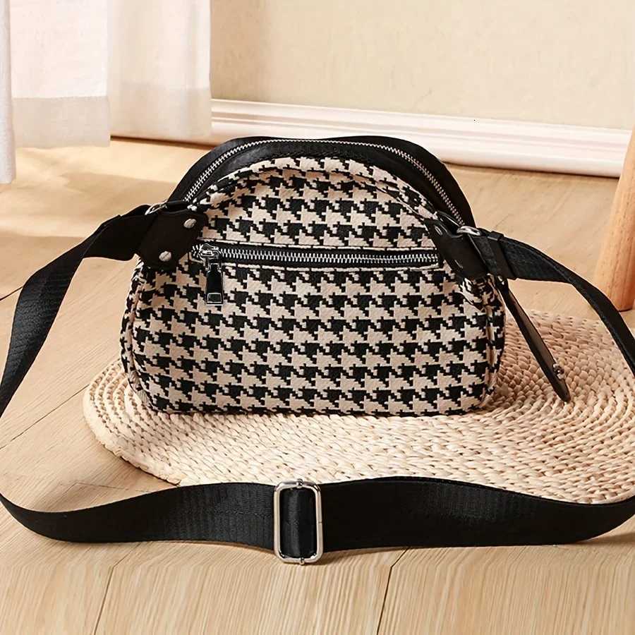 Versatile Houndstooth Canvas Bag for Women Adjustable Strap Secure ZipEmbroidered Detail Perfect for Travel Daily Use Chest BagT251007