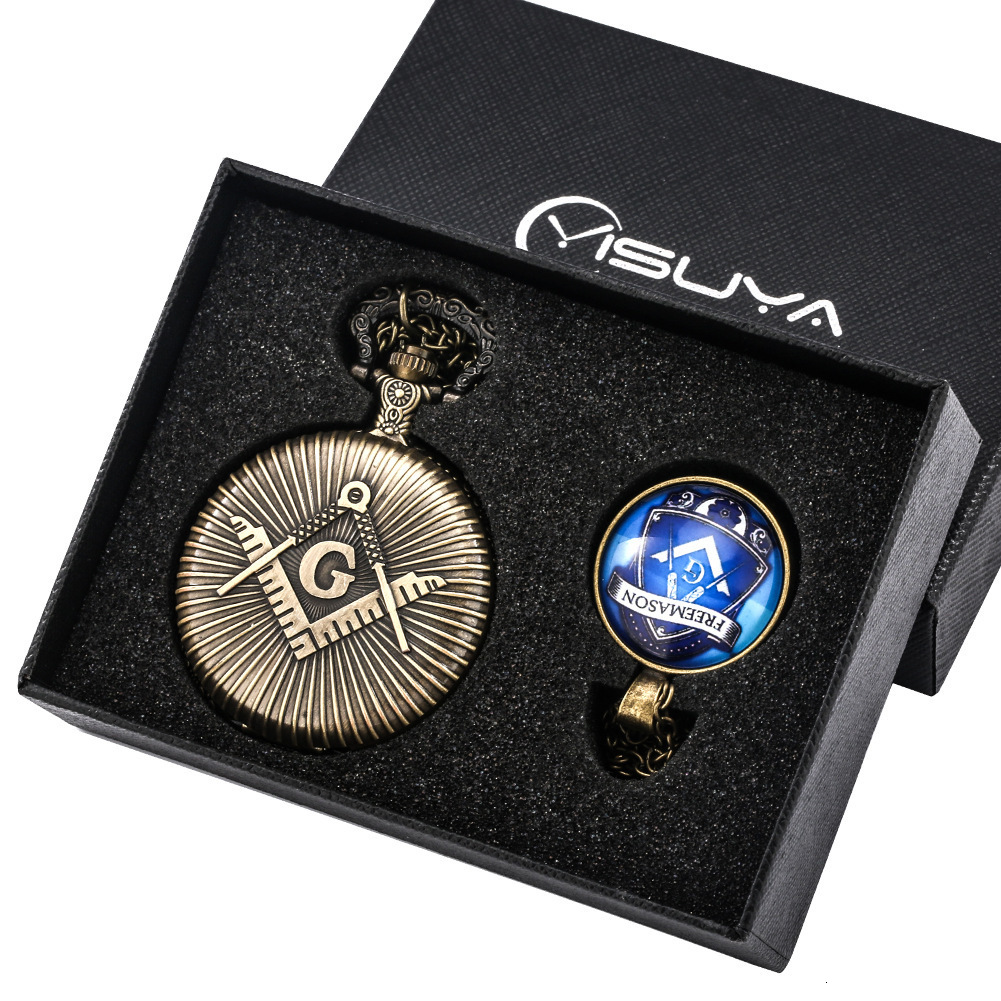 Hidden Meanings of Freemason Symbols G Quartz Pocket Watch with Necklace Sets Pendant Chain Jewelry Clock Gifts for Men Women 250529