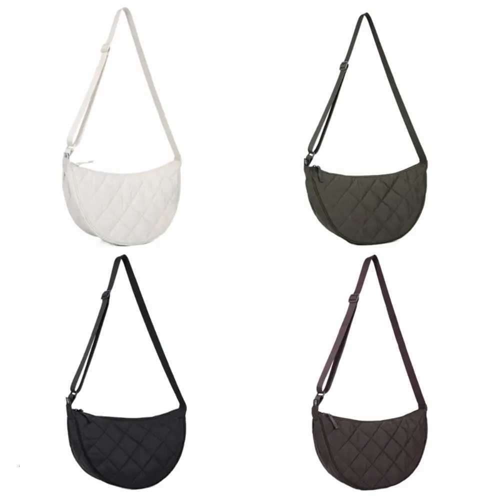 Casual Solid Color Plaid Crossbody Bag Quilted Adjustable Strap Half Moon Bag Padded Allmatch Nylon Shoulder Bag MaleT251007