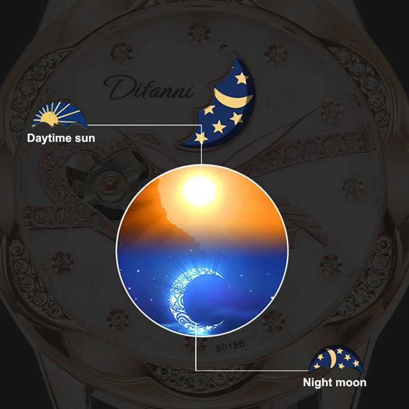 Fashion Style Automatic Mechanical Watches Women Butterfly Spinning Moon Phase Luminous Rose Gold Waterproof Ladies Watch X260410